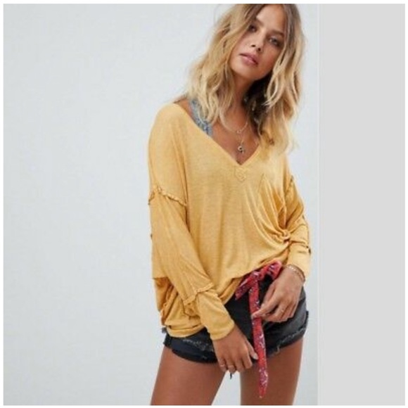 We The Free Tops - We the free Golden Gate slouchy Vneck ribbed top Mustard Yellow,S,Oversized, NWT